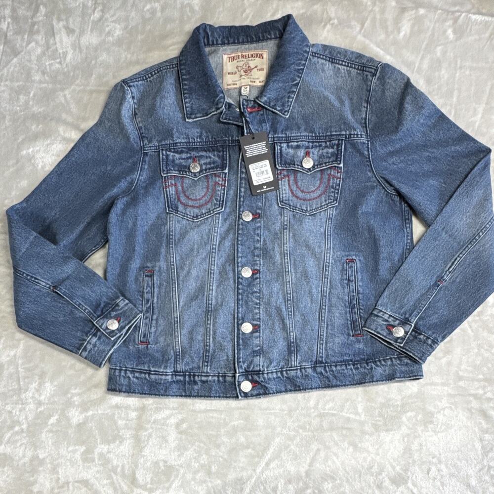 True Religion NEW Trucker Denim Jacket Mens XL Blue Button Pockets Logo Buddha